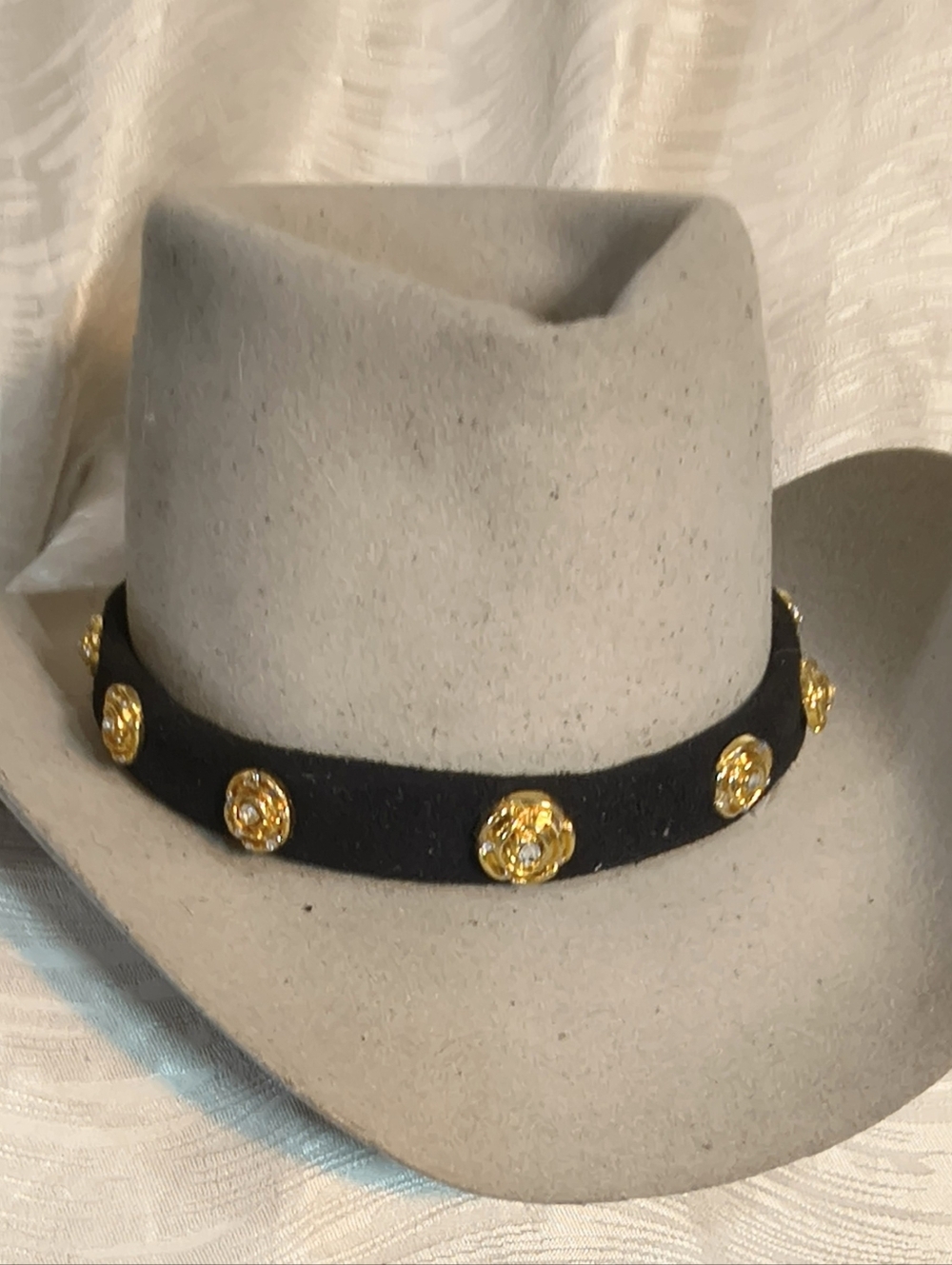 Western Hat Band Black Suede, Gold Flotal Conchos, Adjustable,one-of-a-kind, USA